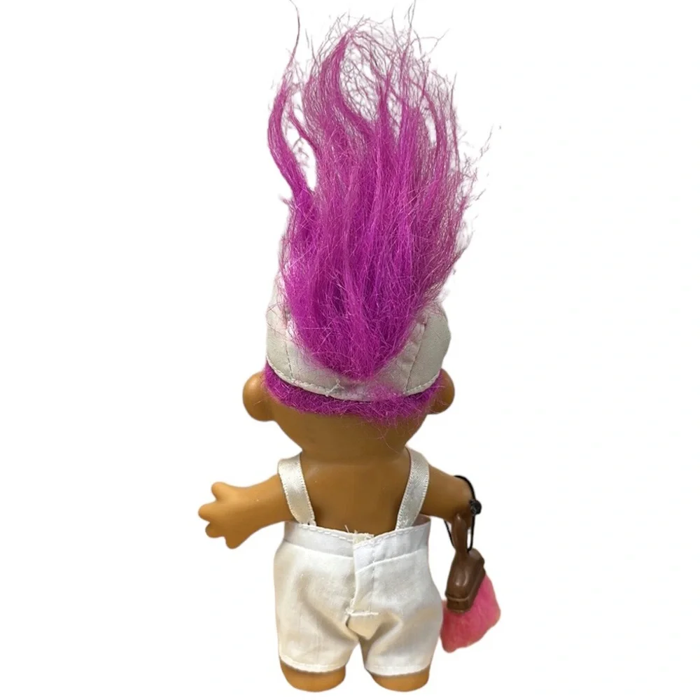 Vintage 90s Russ Berrie Painter Troll Doll Overalls Paint Splatter Pink Hair Hat